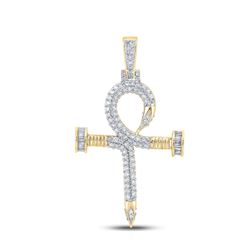1 & 1/5 CTW Mens Baguette Diamond Nail Cross Ankh Charm Pendant 10kt Yellow Gold - REF-91W4H