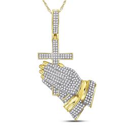 7/8 CTW Mens Round Diamond Praying Hands Cross Charm Pendant 10kt Yellow Gold - REF-78T5V