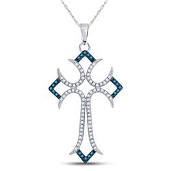 1/4 CTW Womens Round Blue Color Enhanced Diamond Flared Cross Pendant 10kt White Gold - REF-17R6X