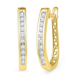 1/5 CTW Womens Round Diamond Slender Single Row Oblong Hoop Earrings 10kt Yellow Gold - REF-32M7F