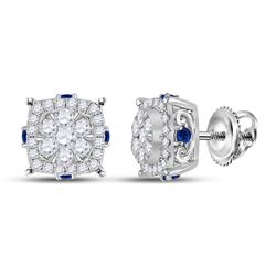 5/8 CTW Womens Round Diamond Blue Sapphire Cluster Earrings 14kt White Gold - REF-61Y4N