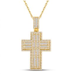 3 & 1/4 CTW Mens Round Diamond Cross Charm Pendant 10kt Yellow Gold - REF-245V4Y