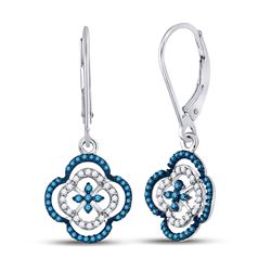 1/3 CTW Womens Round Blue Color Enhanced Diamond Quatrefoil Dangle Earrings 10kt White Gold - REF-23