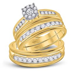 1 CTW His Hers Round Diamond Cluster Matching Wedding Set 14kt Yellow Gold - REF-122T6V