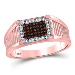 1/5 CTW Mens Round Red Color Enhanced Diamond Rectangle Cluster Ring 10kt Rose Gold - REF-31N9A