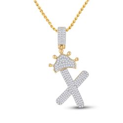5/8 CTW Mens Baguette Diamond Crown X Letter Charm Pendant 10kt Yellow Gold - REF-34T3V