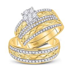 1 CTW His Hers Round Diamond Cluster Matching Wedding Set 10kt Yellow Gold - REF-105F7W