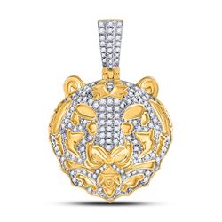 7/8 CTW Mens Round Diamond Tiger Head Charm Pendant 10kt Yellow Gold - REF-76N3A