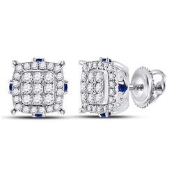 3/4 CTW Womens Round Diamond Blue Sapphire Square Earrings 14kt White Gold - REF-54H5R