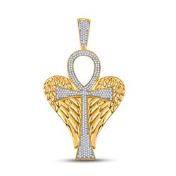 3/4 CTW Mens Round Diamond Ankh Wings Cross Charm Pendant 10kt Yellow Gold - REF-79X3T