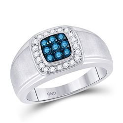 1/2 CTW Mens Round Blue Color Enhanced Diamond Square Ring 10kt White Gold - REF-54T5V