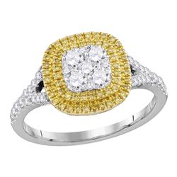 3/4 CTW Womens Round Yellow Diamond Cluster Ring 18kt White Gold - REF-129N5A