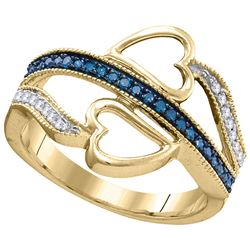1/5 CTW Womens Round Blue Color Enhanced Diamond Double Heart Ring 10kt Yellow Gold - REF-22N5A