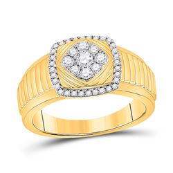 1/2 CTW Mens Round Diamond Ribbed Square Cluster Ring 10kt Yellow Gold - REF-64A8M