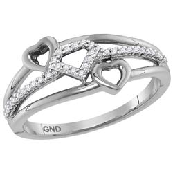 1/10 CTW Womens Round Diamond Double Heart Striped Band Ring 10kt White Gold - REF-19M6F