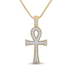 1/5 CTW Mens Round Diamond Ankh Cross Charm Pendant 10kt Yellow Gold - REF-17M6F