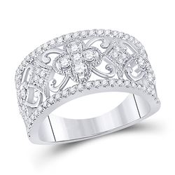 5/8 CTW Womens Round Diamond Filigree Fashion Ring 14kt White Gold - REF-83W7H