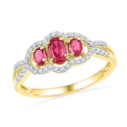 7/8 CTW Womens Oval Lab-Created Ruby 3-stone Diamond Frame Ring 10kt Yellow Gold - REF-18H5R
