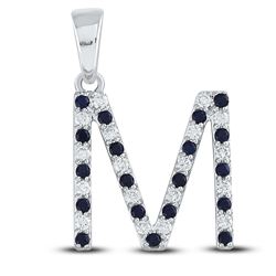 3/8 CTW Womens Round Blue Sapphire Initial M Letter Pendant 10kt White Gold - REF-25M9F