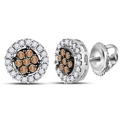 1/4 CTW Womens Brown Diamond Flower Cluster Stud Earrings 10k White Gold - REF-15N7A