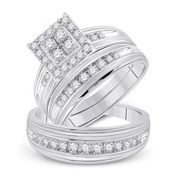 1 CTW His Hers Round Diamond Square Matching Wedding Set 14kt White Gold - REF-126T2V