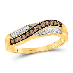 1/4 CTW Womens Round Brown Diamond Crossover Band Ring 10kt Yellow Gold - REF-21A8M