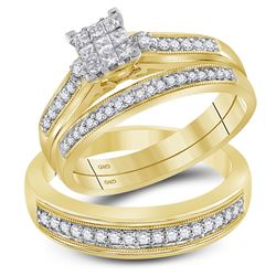 1/2 CTW His Hers Princess Diamond Cluster Matching Wedding Set 10kt Yellow Gold - REF-68V2Y