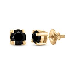 3/4 CTW Womens Round Black Color Enhanced Diamond Solitaire Earrings 10kt Yellow Gold - REF-17Y6N