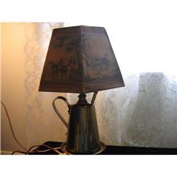 Brass oil can lamp w/ BEAUTIFUL printed shade #1200055