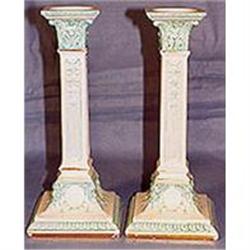 English white/aqua Majolica candlesticks (pair)#1200123