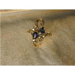 Antique 14K YG Sapphire Diamond Marquise Ring #1200274