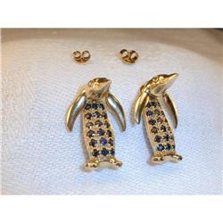 Estate 14K YG Gold Sapphire Penguin Earrings #1200299