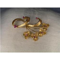Estate 14K YG Yellow Gold Ruby Floral Brooch  #1200416