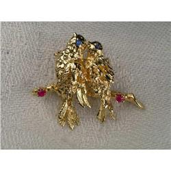 Estate 14K Gold Ruby Sapphire Love Birds Brooch#1200566