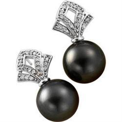 14K Earrings Tahitian BLACK PEARL w DIAMONDS  #1210424