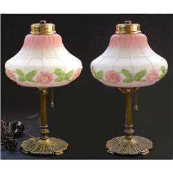 Pair of Pink Floral Milk Glass and Brass Lamps #1219409