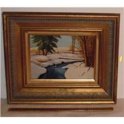 Beautiful Winter River signed by Chris, image framed 11 high x 13 - Belle rivière paysage Hiver