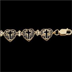 14k GOLD BRACELET w CROSS IN HEART LINKS #1201176