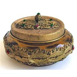 Jeweled Amber Glass 24kt Gold Plate Vanity Jar #1211387