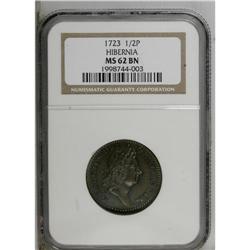 1723 1/2P Hibernia Halfpenny MS62 Brown NGC. Nelson-8, 