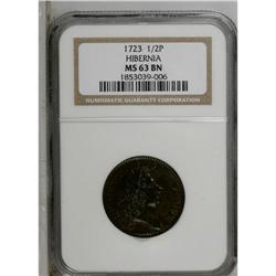 1723 1/2P Hibernia Halfpenny MS63 Brown NGC. Nelson-8, 