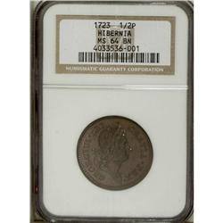 1723 1/2P Hibernia Halfpenny MS64 Brown NGC. Unlisted 