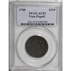 1760 1/2P Hibernia-Voce Populi Halfpenny AU53 PCGS. Z. 