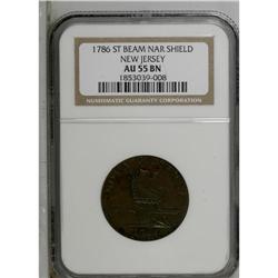 1786 COPPER New Jersey Copper, Narrow Shield AU55 NGC. 