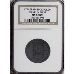 1794 TOKEN Franklin Press Token MS62 Brown NGC. Breen- 
