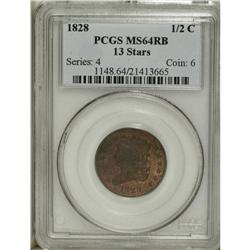 1828 1/2 C 13 Stars MS64 Red and Brown PCGS. C-3, B-2, 