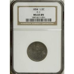 1854 1/2 C MS65 Brown NGC. C-1, B-1, R.1. Pleasing glo 