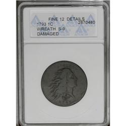 1793 1C Wreath Cent--Vine and Bars, Damaged--ANACS. Fi 