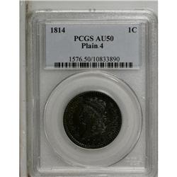 1814 1C Plain 4 AU50 PCGS. S-295, B-2, R.1. Solidly st 