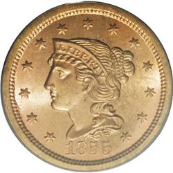 1855 1C Upright 5s MS65 Red PCGS. N-4, R.1. Potent lus 